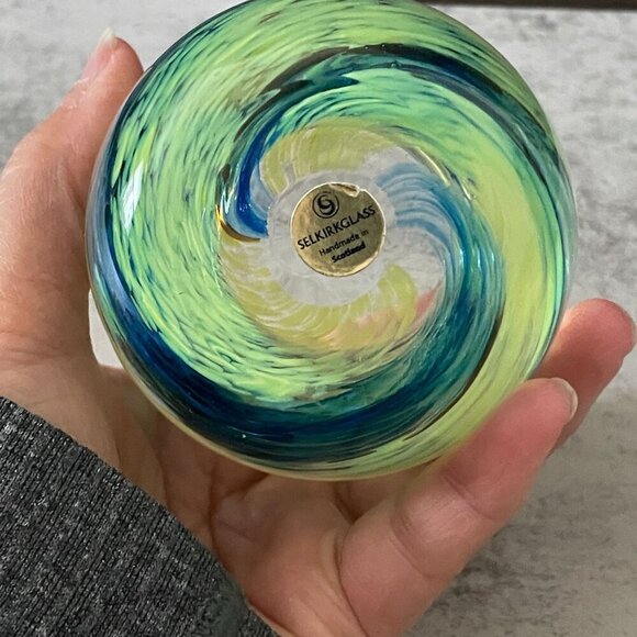 NWL Selkirk Art Glass Green Blue Swirl Votive Candleholder Handmade Scotland 3" - Picture 3 of 5